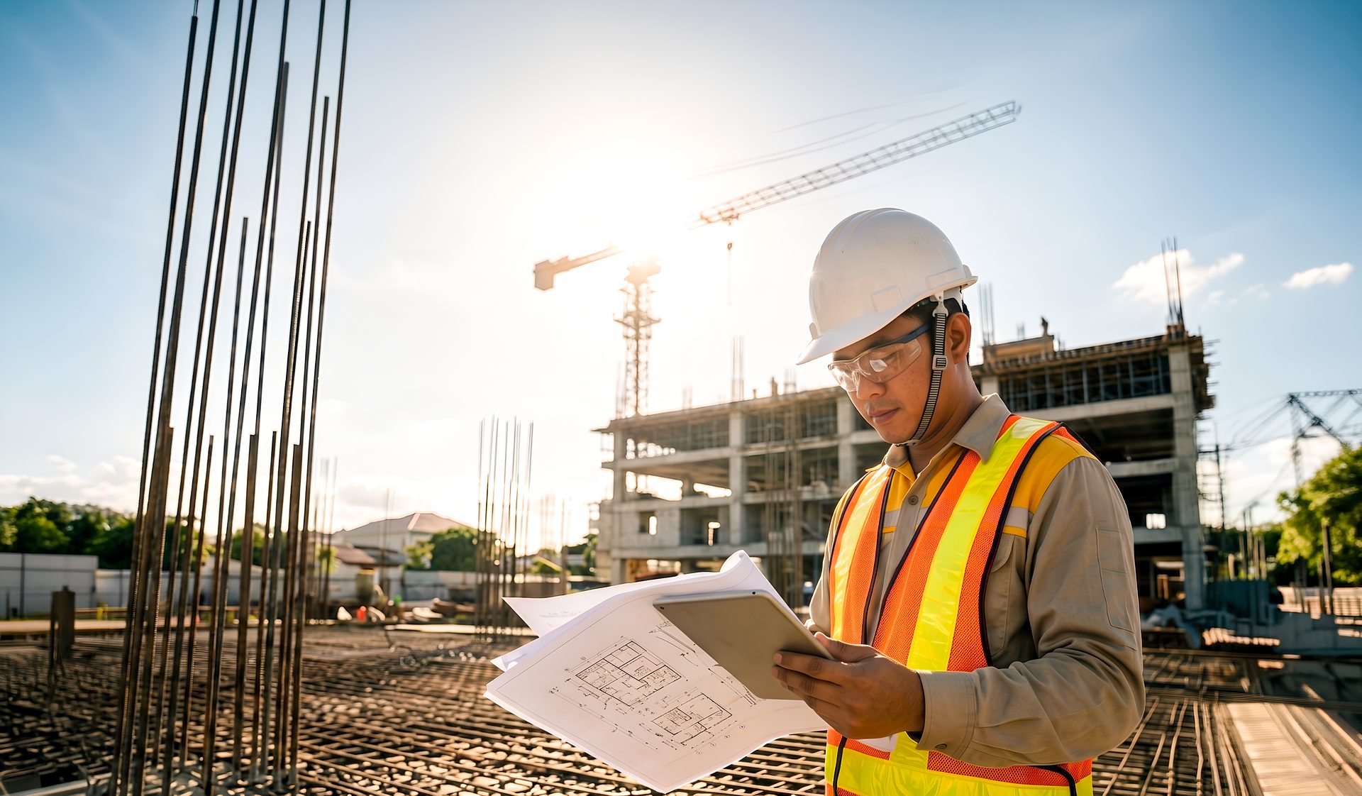 A site engineer in a hard hat and safety vest reviewing construction plans and a tablet on an off-plan building site