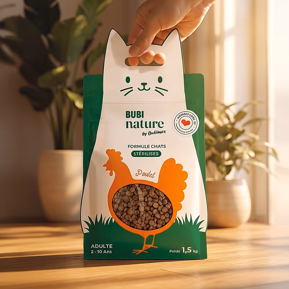 Visuel de packaging BubiNature by Bubimex conçu par Kreamand Studio, mettant en avant un design graphique orienté produit et univers animalerie naturelle.