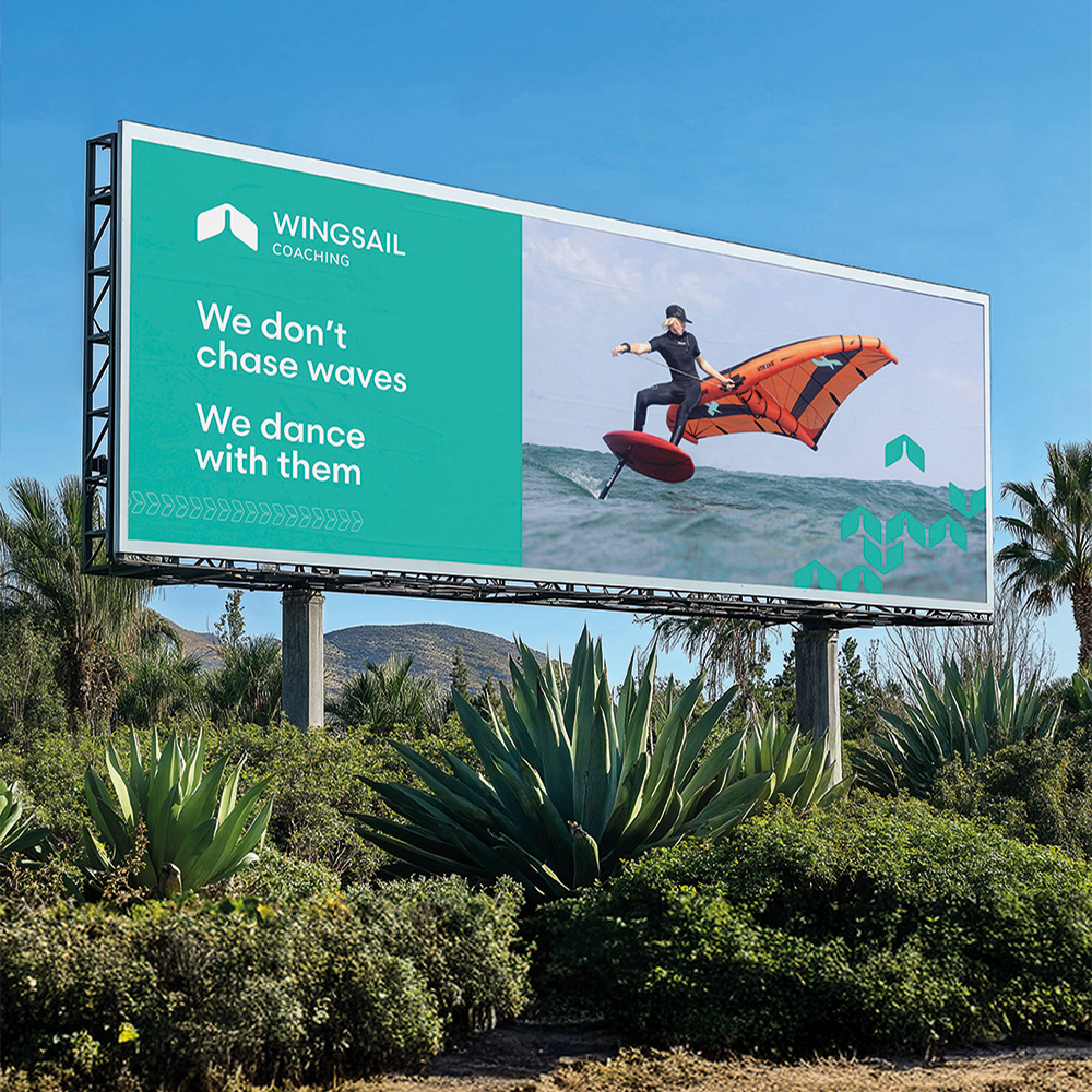 Visuel du projet Wingsail réalisé par Kreamand Studio, école de wingfoil mettant en avant une identité visuelle dynamique et sportive.