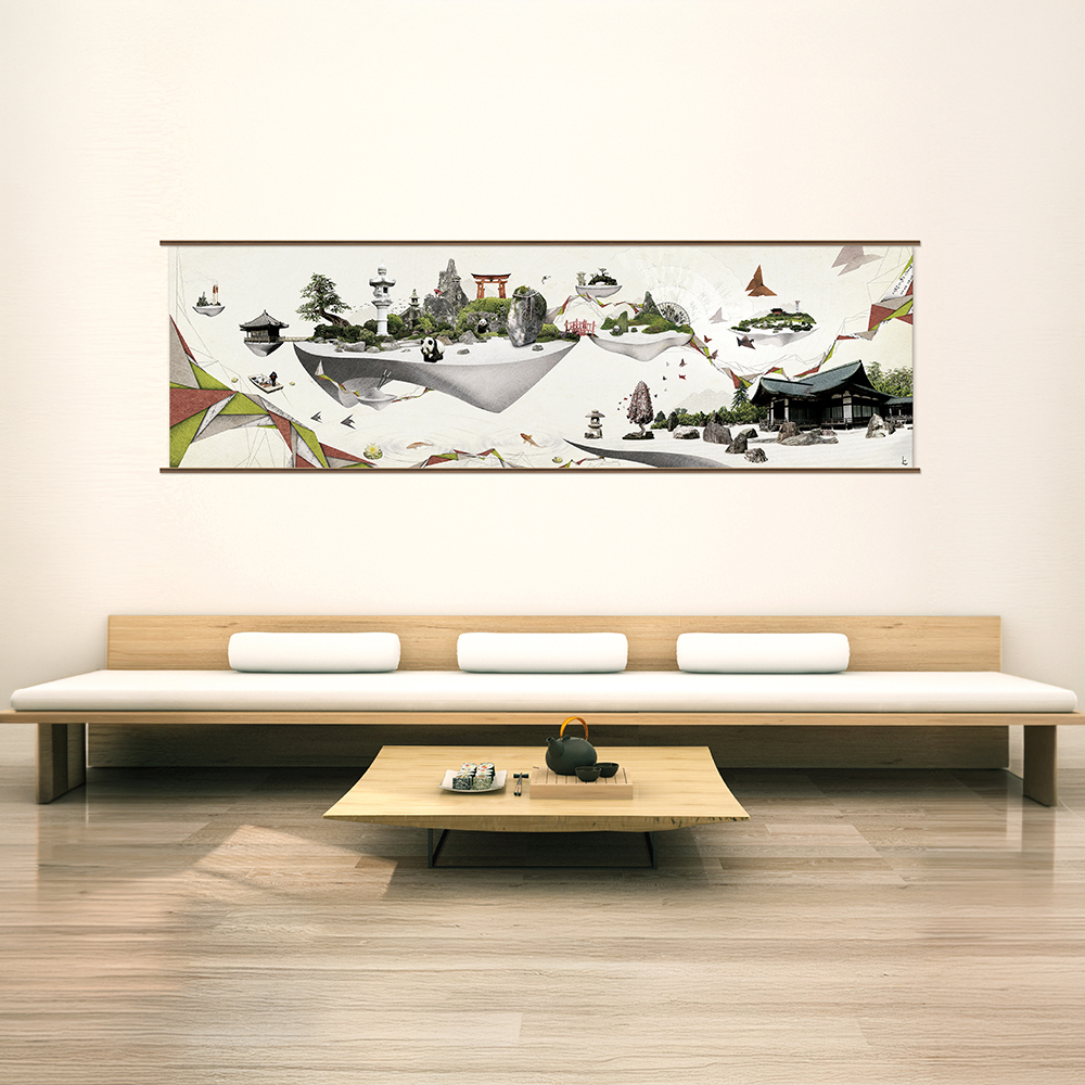 Poster Zen Floating Sanctum réalisé sur commande privée par Kreamand Studio, illustration en photomontage créatif mêlant univers onirique et composition visuelle immersive.