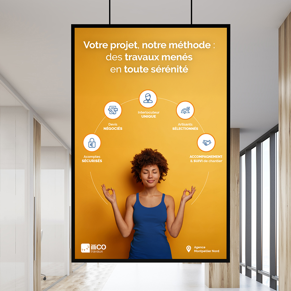Poster Illico Travaux conçu par Kreamand Studio, mettant en avant un design graphique impactant et une communication visuelle claire.