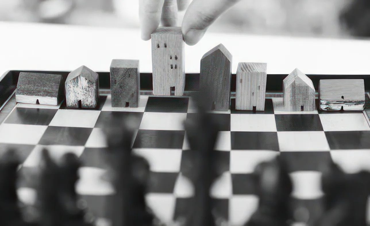 Hand bewegt ein hölzernes Spielfigur-Haus auf einem Schachbrett, andere Häuser spielen Schach.