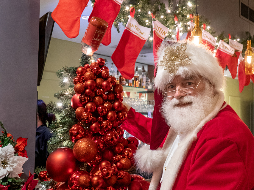 Santa Claus by a red Christmas tree