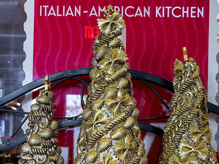 gold Christmas trees made out of pasta