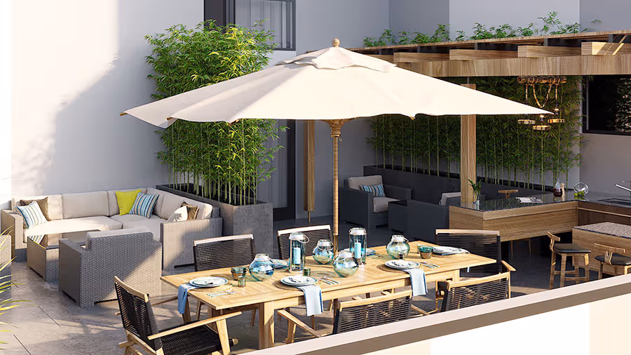 Rending of patio with table on rooftop deck