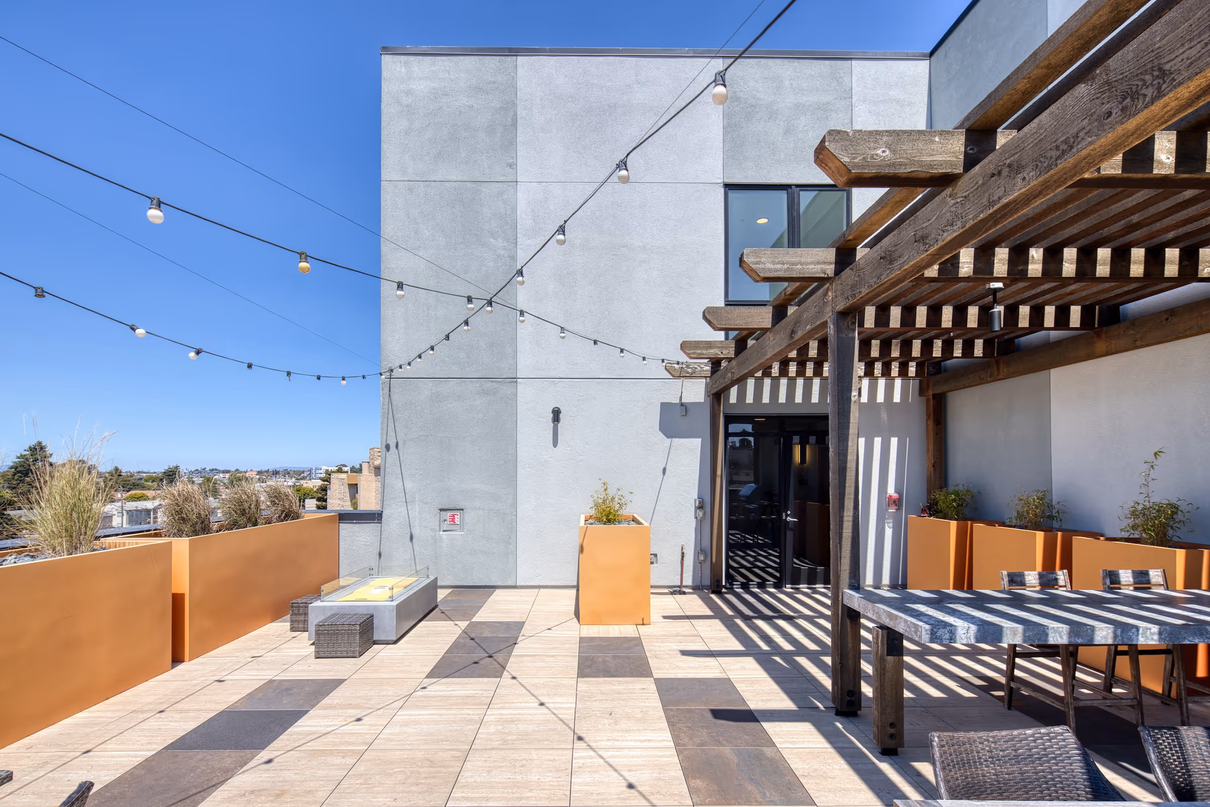 Rooftop deck with seating area
