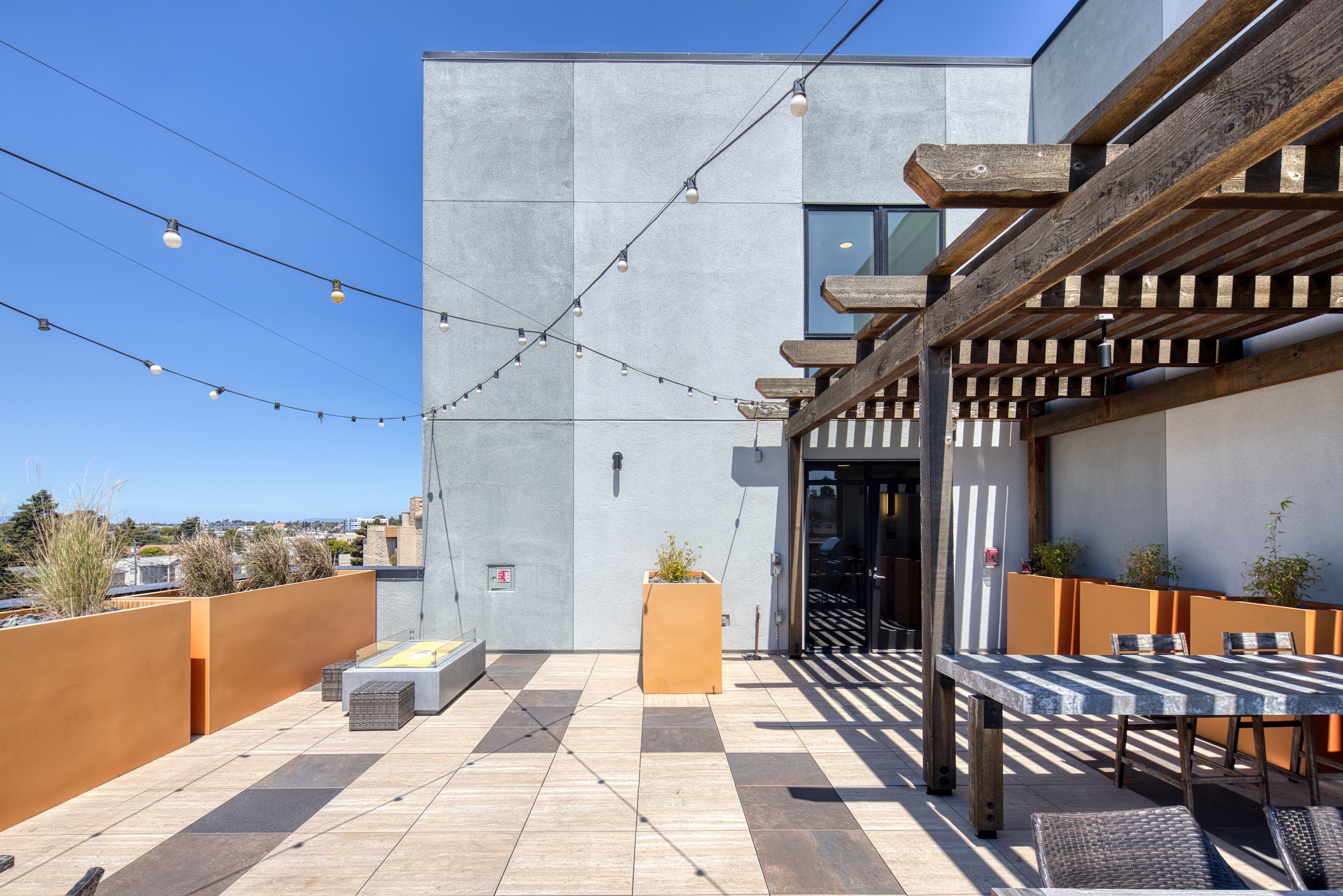 Rooftop deck with seating area