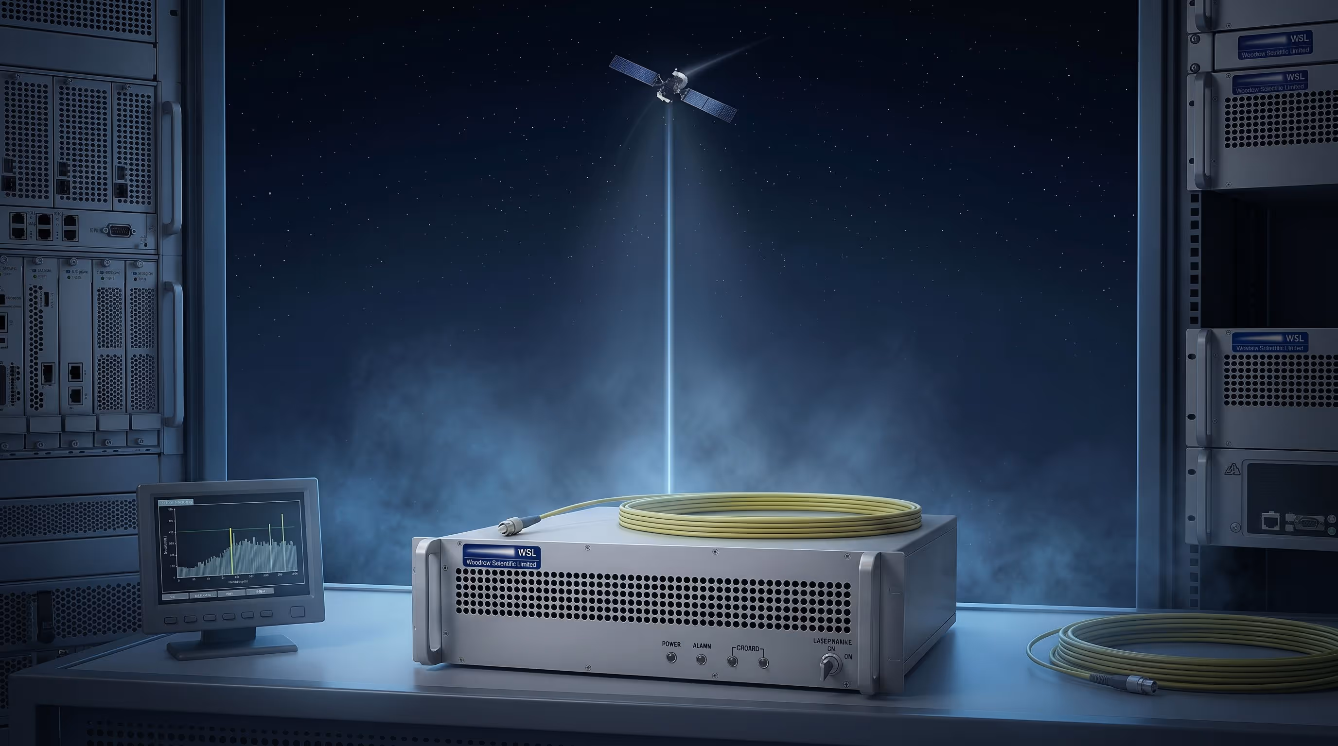 Free space optical communications EDFA connected to a satellite