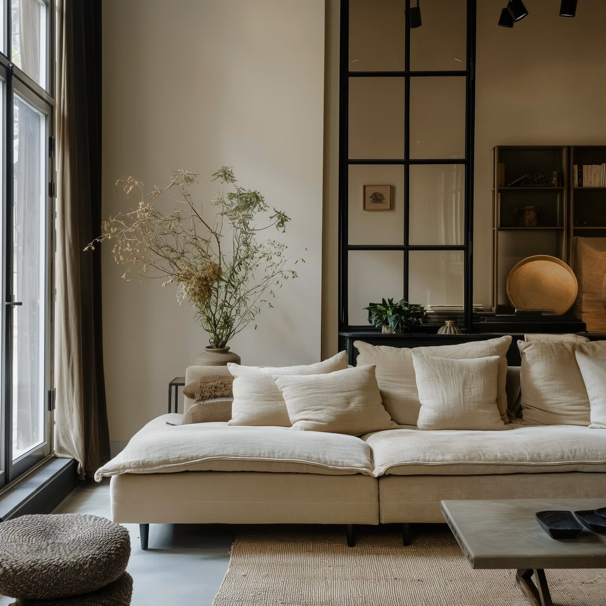 Living area with sofa and large windows stock image