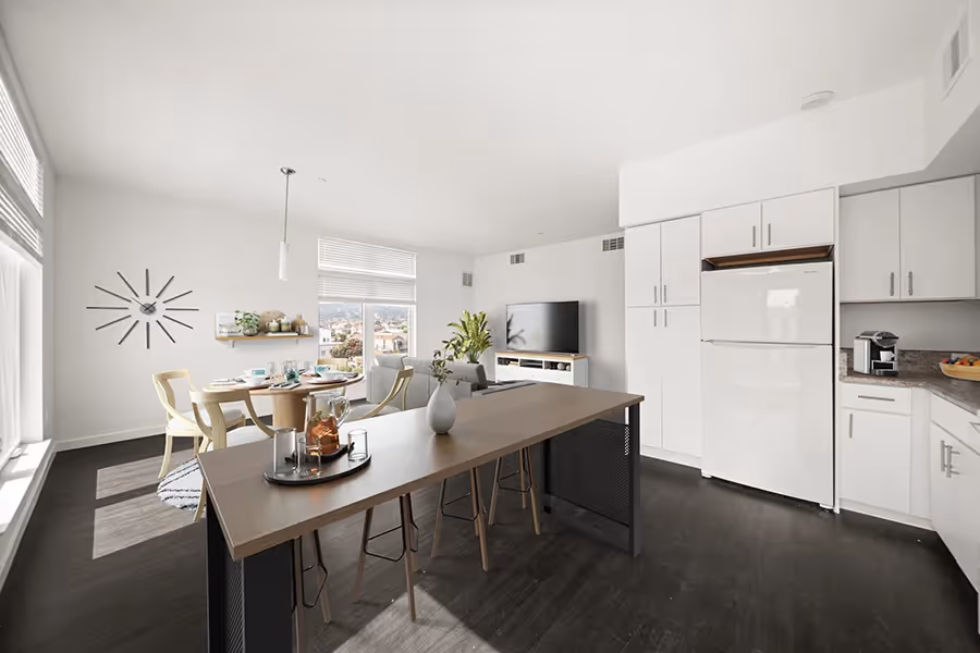 Virtually staged dining area with table and chairs and view of living area with tv