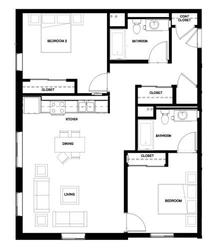2 Bed 2 Bath floor plan layout