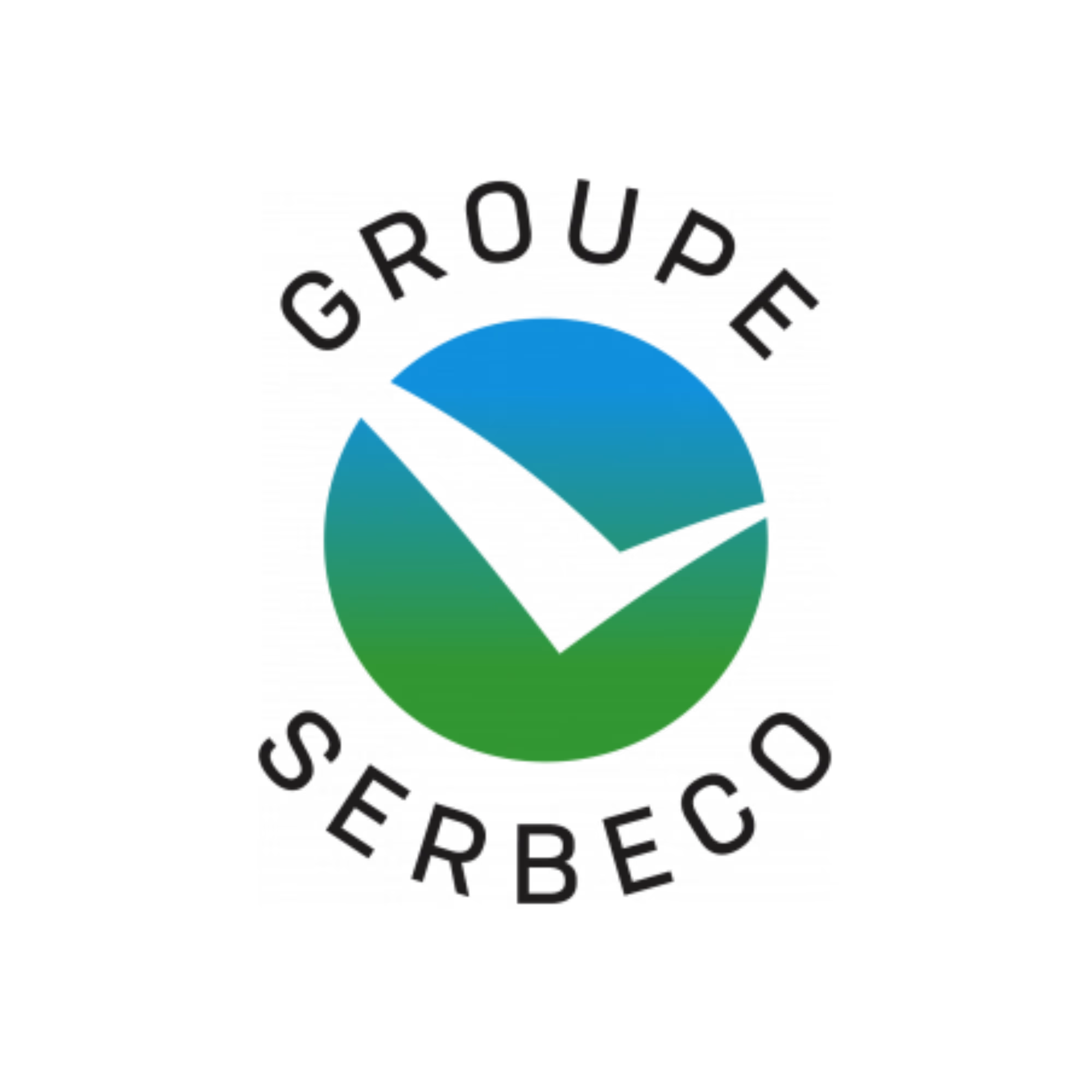 Logo du Groupe Serbeco avec un cercle dégradé bleu et vert sur fond noir et une forme de coche noire au centre.