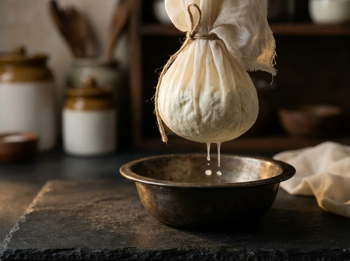 Muslin cloth draining paneer curds