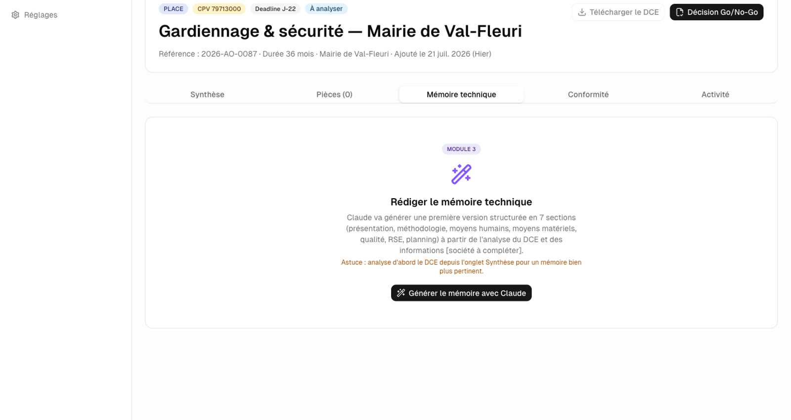Mémoire technique pré-rempli, export DOCX