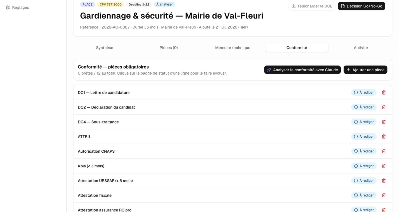 Conformité : pièces présentes, manquantes, expirées