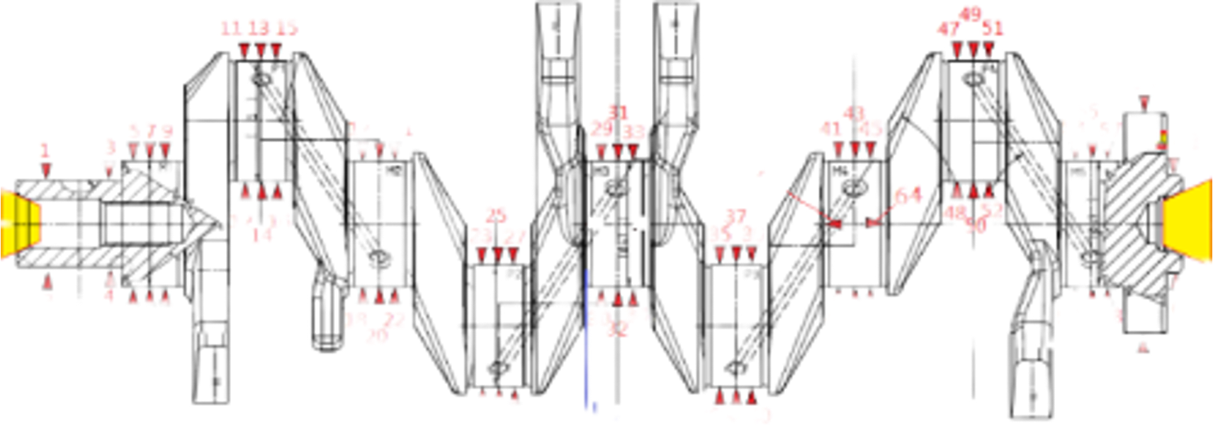 Crankshaft measurement points — main journals, pin journals, flange journal and post end