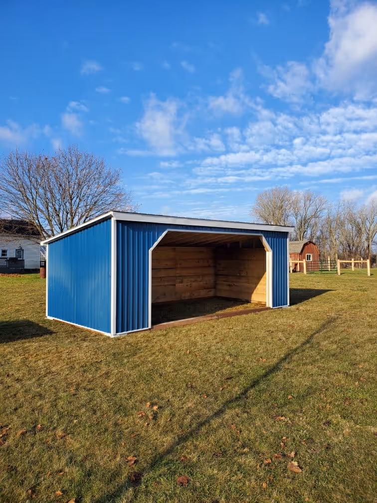 Blue open-sided metal shed with wooden interior walls on a grassy lawn under a partly cloudy blue sky.