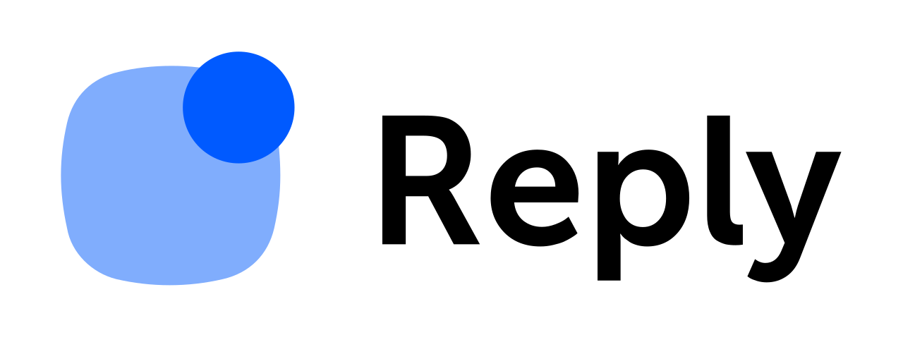 Reply.io logo with blue geometric shapes and black text.