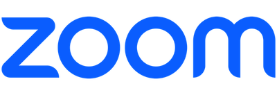Zoom wordmark logo in blue lowercase letters.