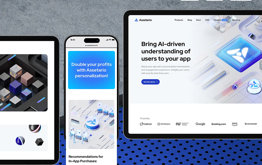 Three digital devices displaying Assetario's AI-driven app personalization platform and its benefits for increasing user engagement and profits.