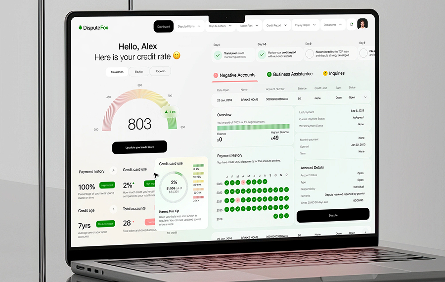 Laptop screen displaying a credit report dashboard showing a credit score of 803, payment history, credit card use, negative accounts, business assistance, inquiries, and account details for user Alex.