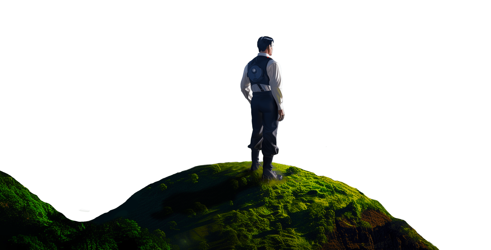 Man in futuristic clothing standing on a moss-covered hill, looking into the distance.