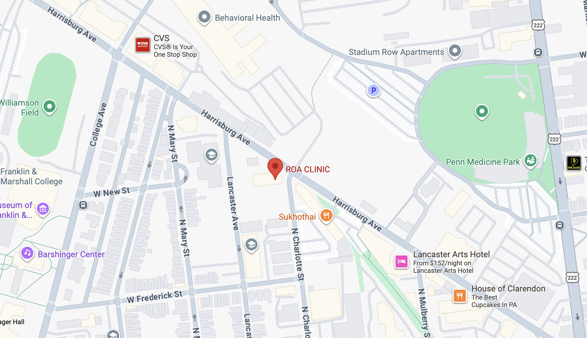 Map showing ROA Clinic Charlotte Street location