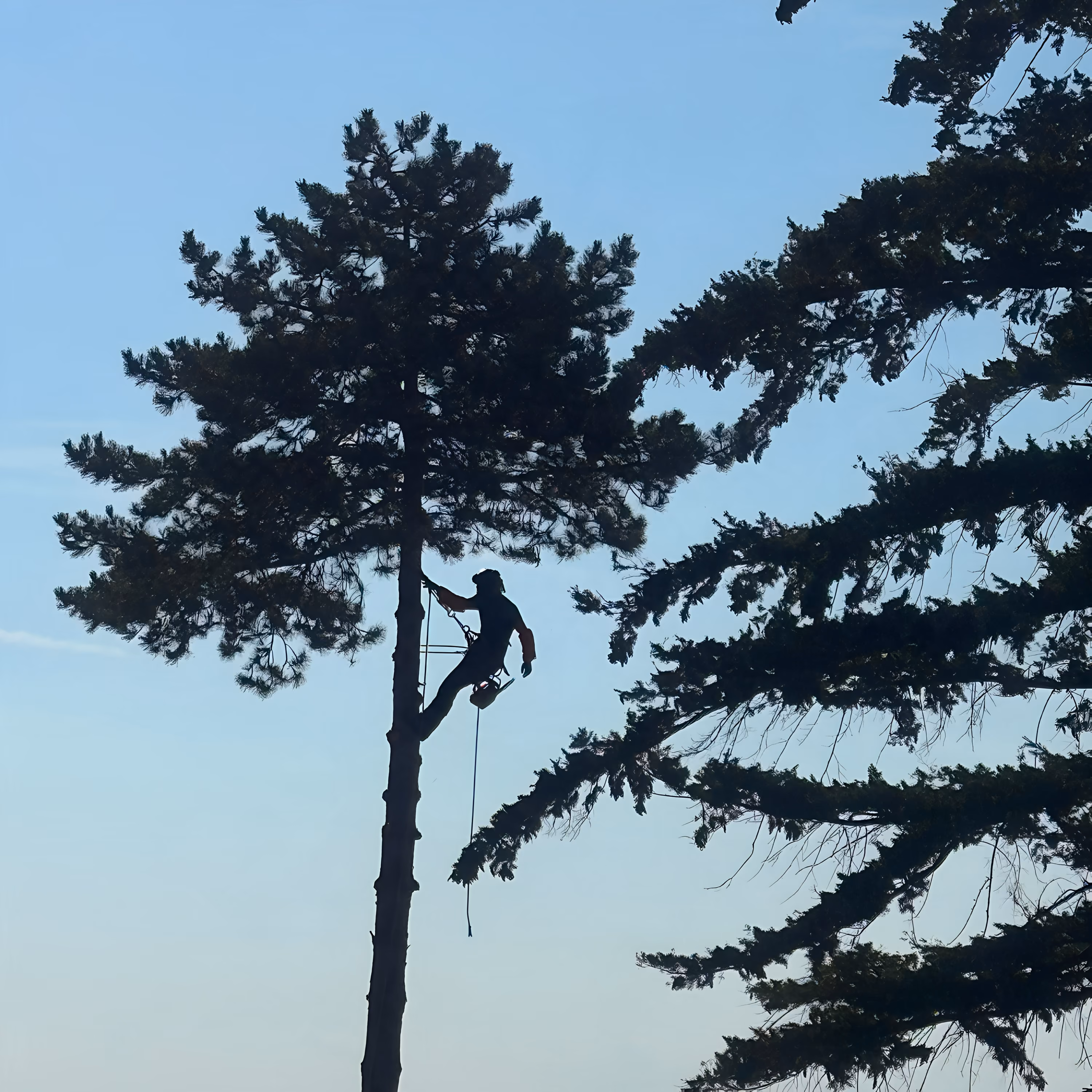 Silhouette d'un élagueur équipé grimpant un grand pin contre un ciel bleu clair.