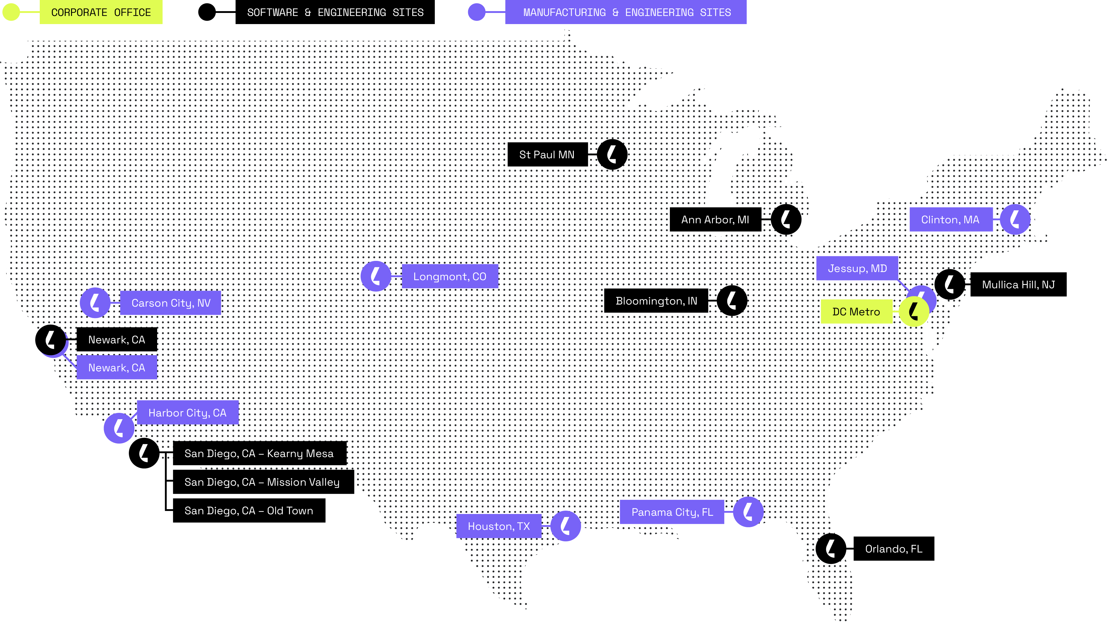 Map of all the Lyntris locations with purple dots for the location pins