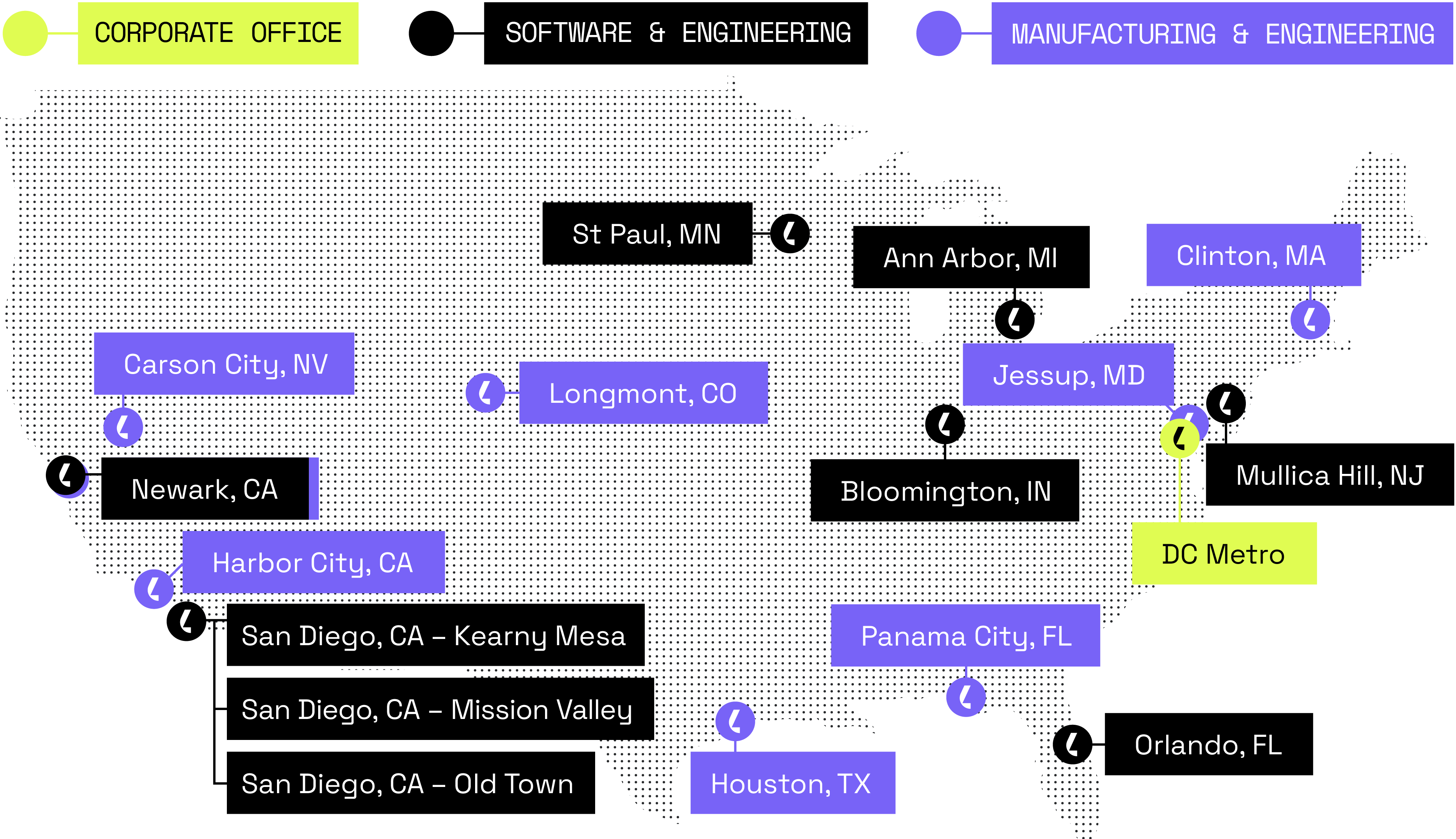 Map of all the Lyntris locations with purple dots for the location pins