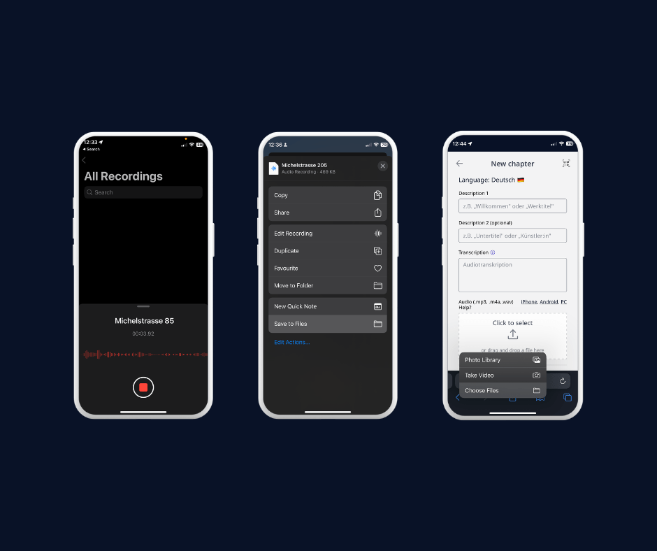Screenshot of the Audio-cult audio guide creator app, showing three screens. The pictures show how you can record, save and upload audio files.