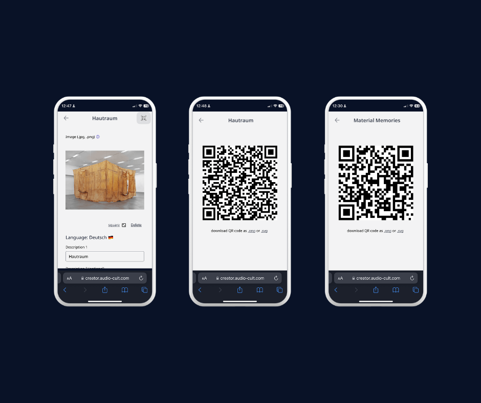 Screenshot of the Audio-cult audio guide creator app, showing three screens. The pictures show how you can automatically generate QR Codes for each tour and each chapter.