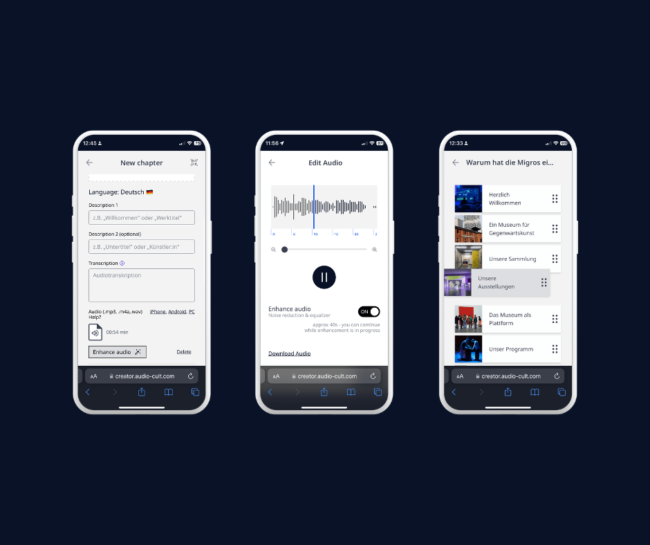 Screenshot of the Audio-cult audio guide creator app, showing three screens. The pictures show how you can enhance and edit audio files and the tour.