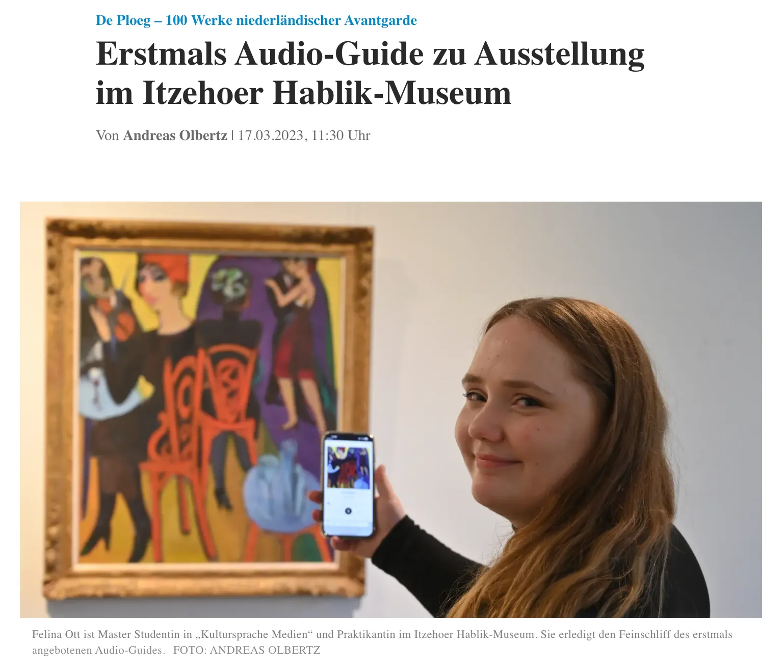 Zeitungsausschnitt aus der Norddeutschen Rundschau. Die Überschrift lautet: Erstmals Audioguide zu Ausstellung im Itzehoer Hablik-Museum.