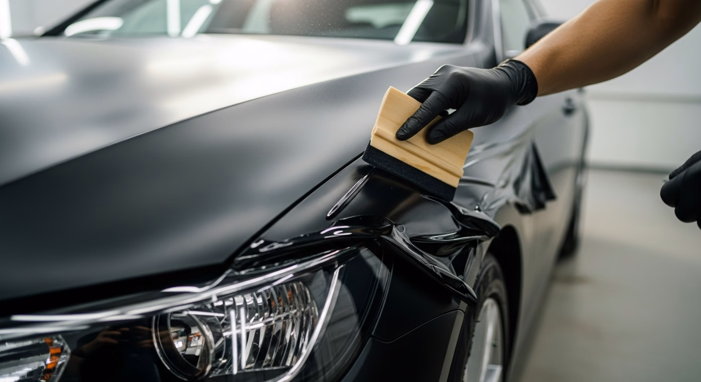 Détail d'un covering voiture en finition mate noire posé sur le capot d'un véhicule en atelier professionnel