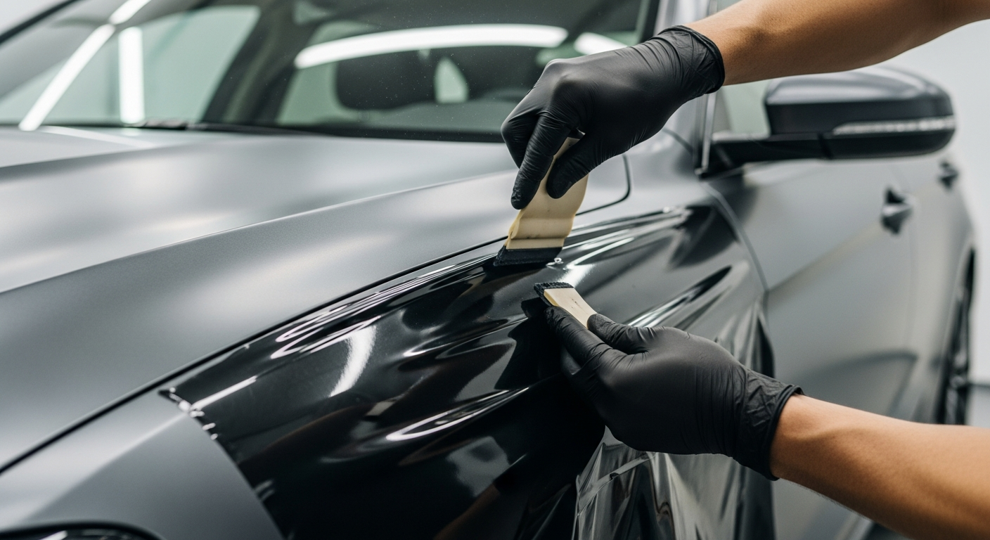 Close-up of a matte vehicle wrap being smoothed onto the bonnet of a generic car inside a professional workshop