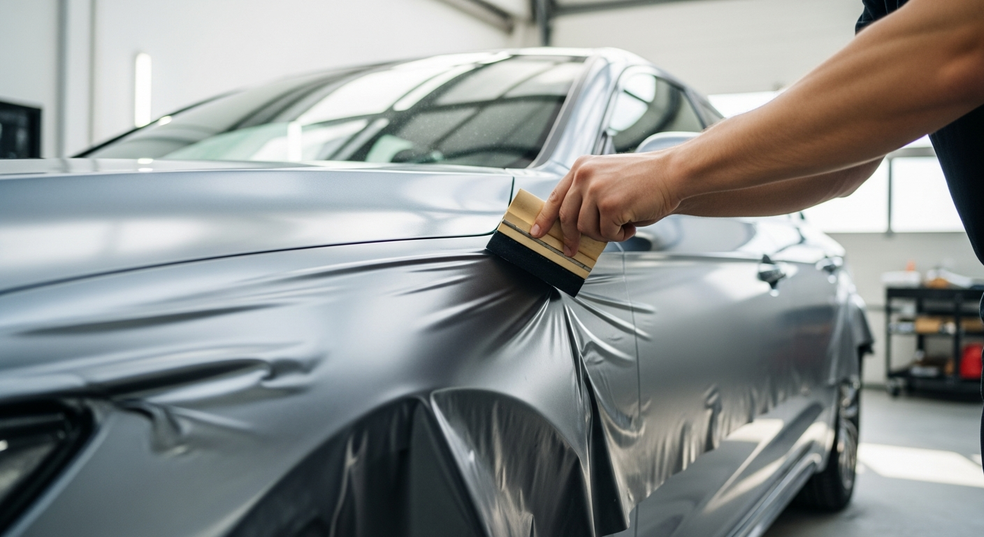 Detail d'un covering de voiture en finition mate posee sur la carrosserie d'une berline en atelier de pose