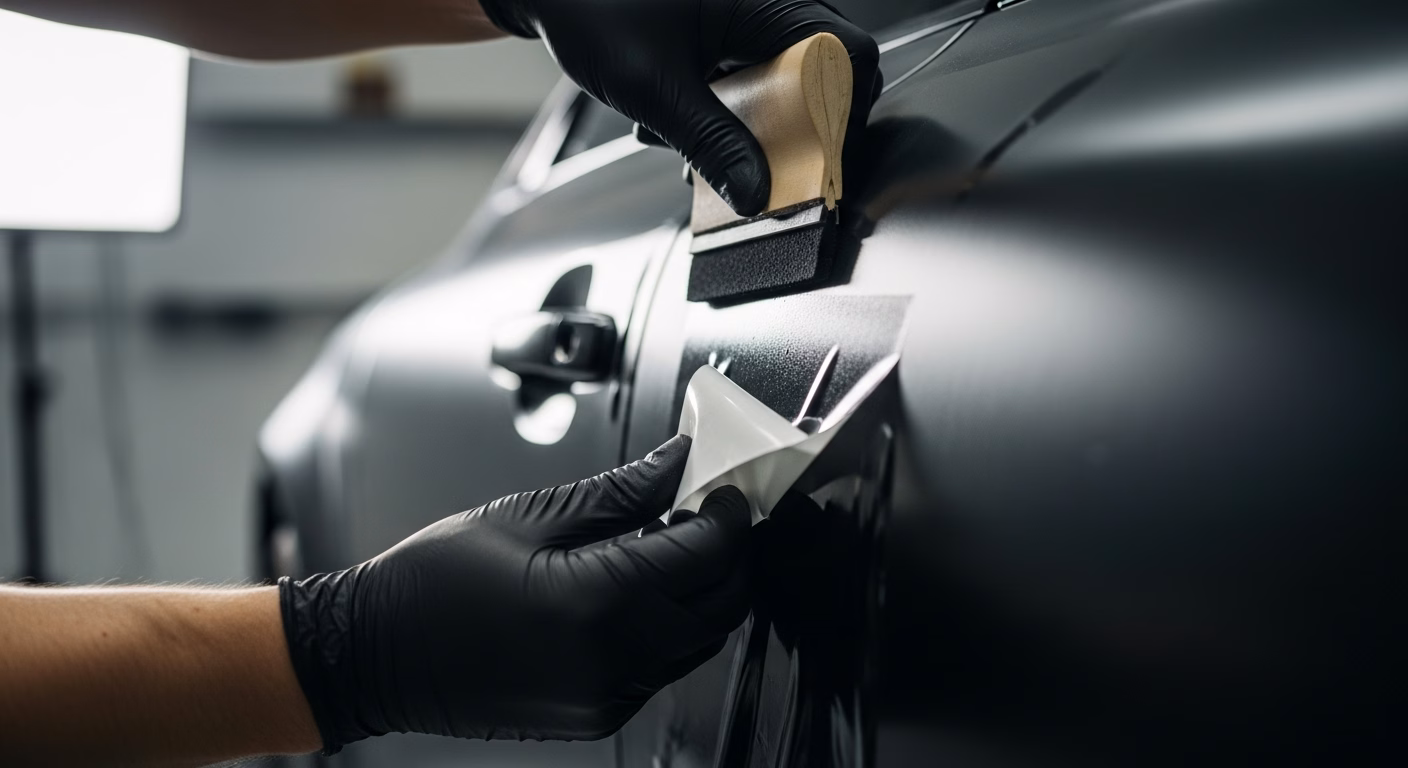 Close detail of a vinyl vehicle wrap film being applied with a squeegee over a curved body panel in a workshop