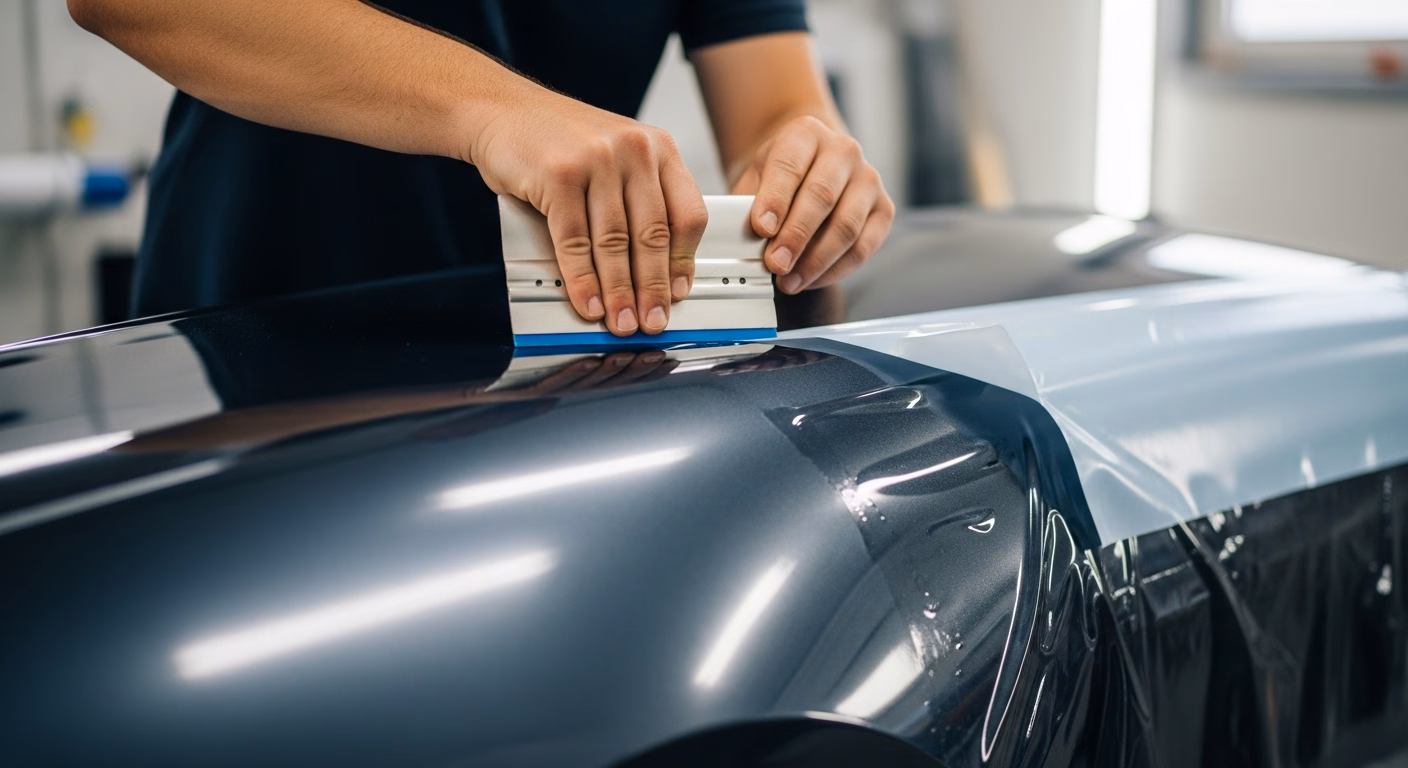 Fitter smoothing a satin vehicle wrap film onto a car body panel in a workshop, illustrating vehicle wrap cost factors