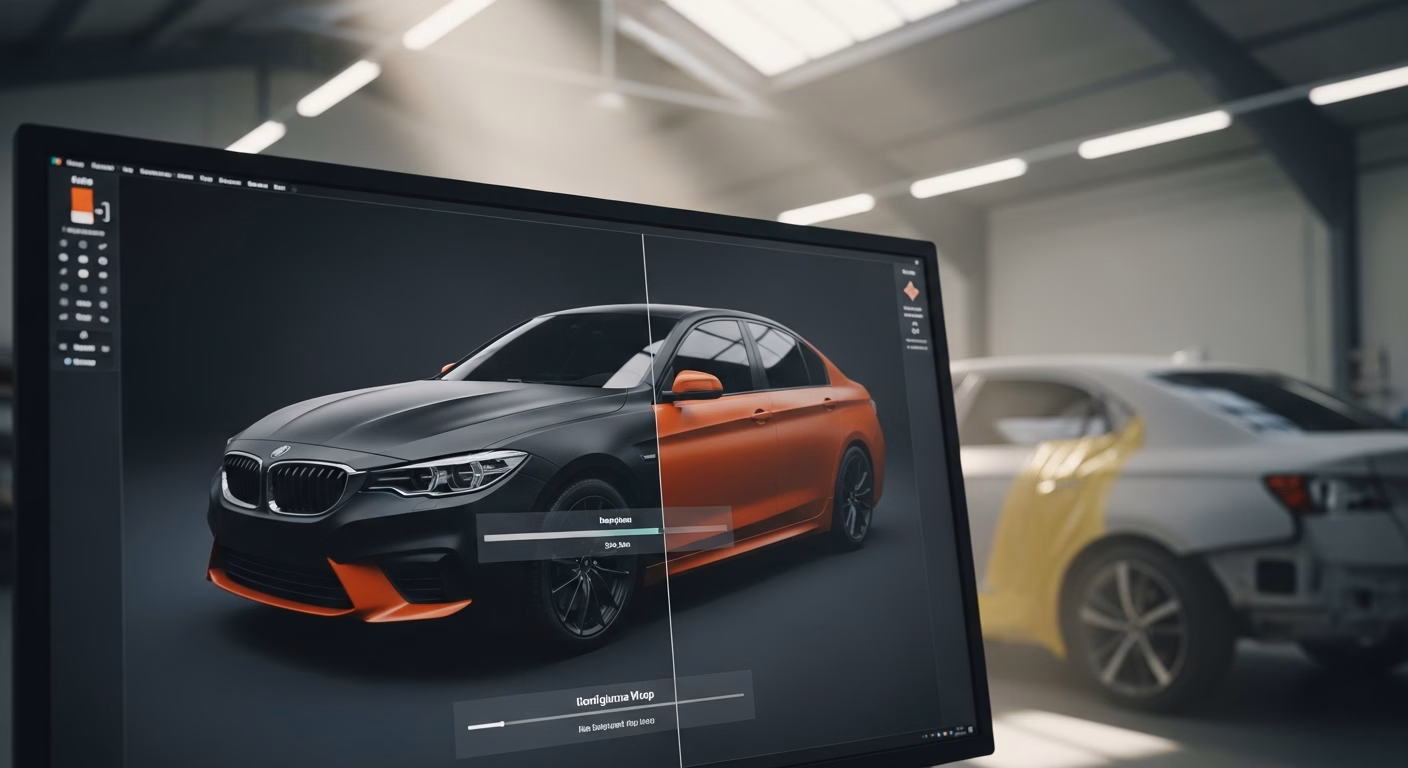 Ecran d'un simulateur de covering voiture affichant le rendu 3D d'un vehicule en finition mate dans un atelier d'habillage