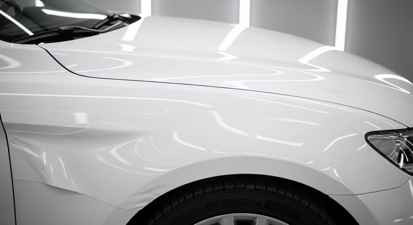 Close-up of a flawless gloss white vehicle wrap applied to the bonnet and front wing of a generic saloon in a detailing studio