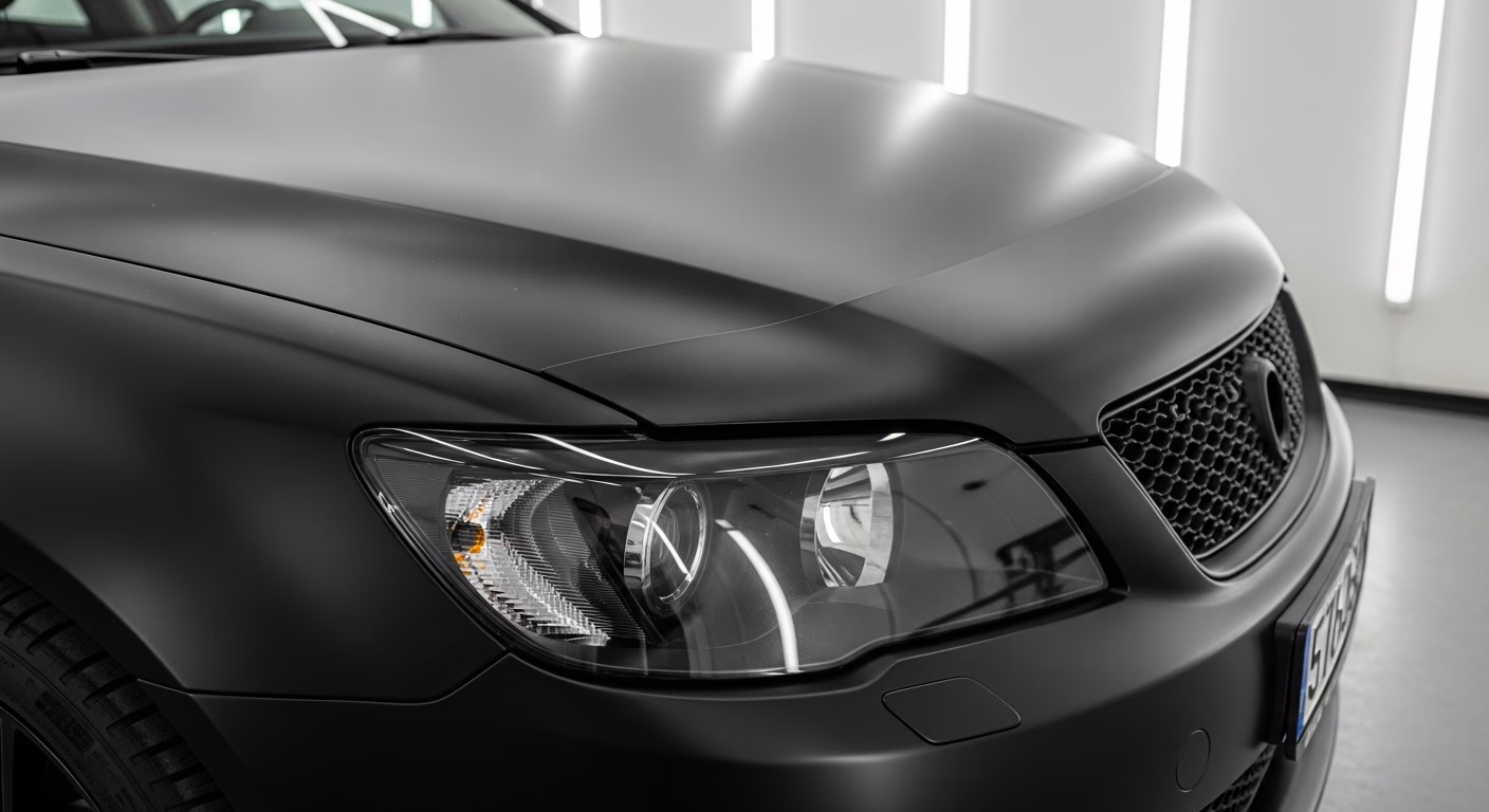 Close-up of a flawless matte black vehicle wrap applied to the bonnet and front wing of a generic saloon in a detailing studio