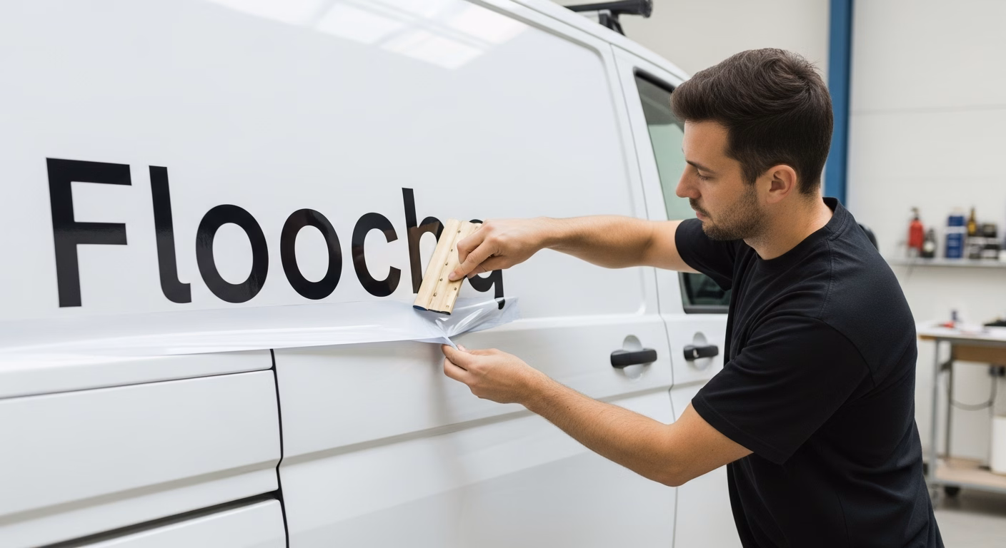 Pose d'un flocage publicitaire par découpe de lettrage adhésif sur le flanc d'un utilitaire d'entreprise en atelier