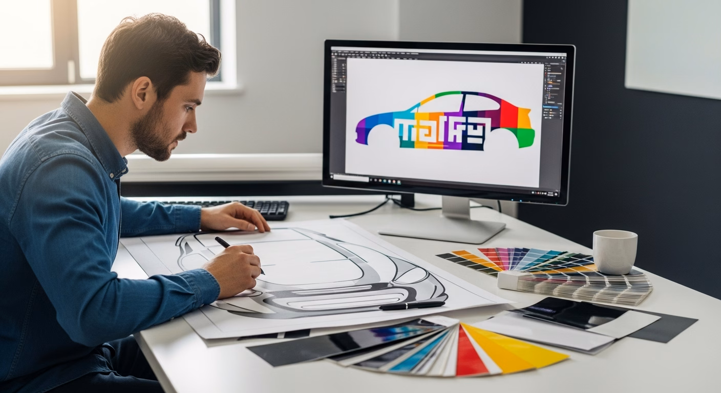 Designer reviewing a vehicle wrap design layout on a car body template in a studio