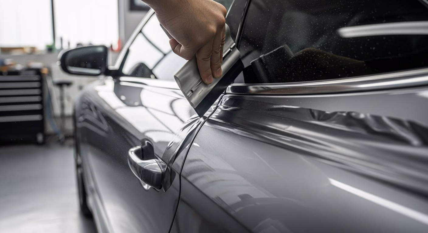 Pose d'un covering complet de voiture en finition satinée sur la carrosserie d'une berline dans un atelier professionnel