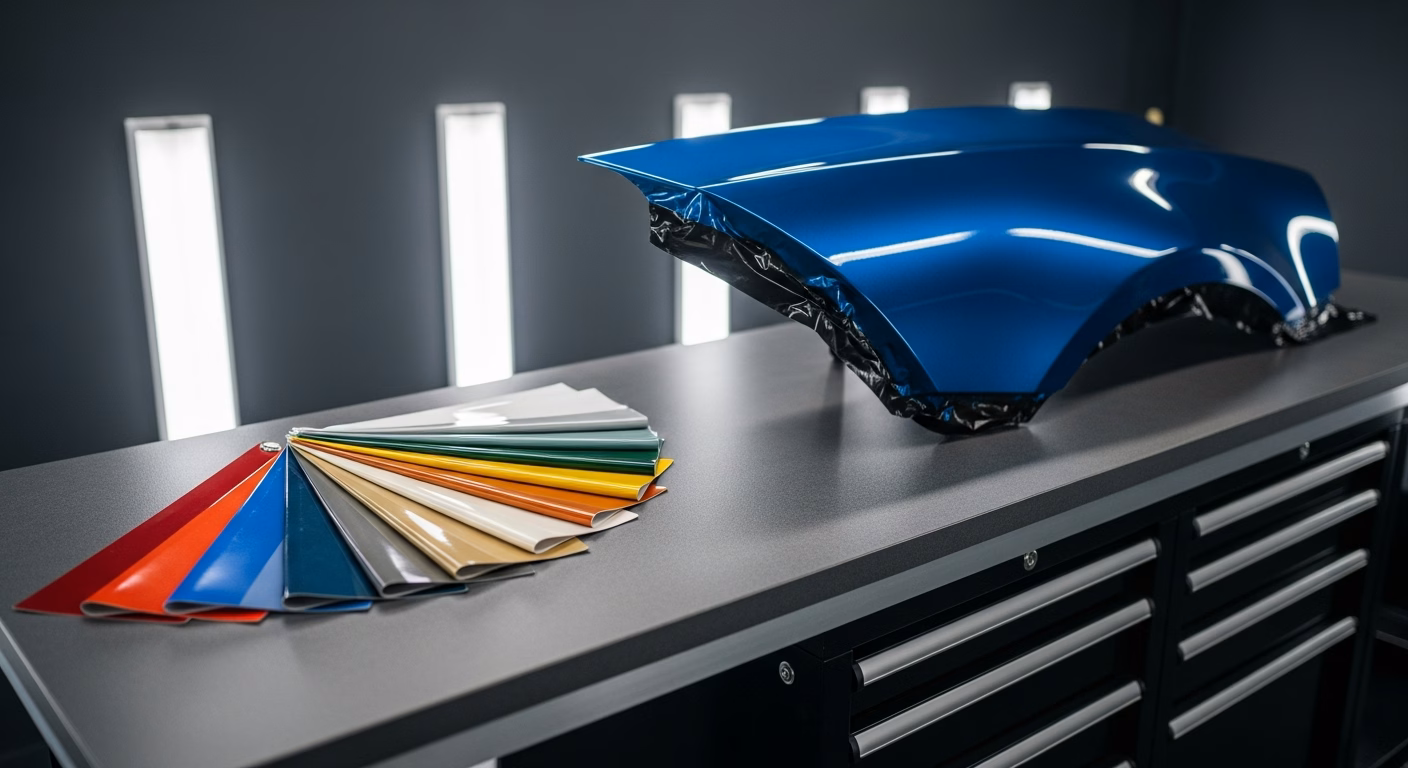 Range of vehicle wrap colours and finishes shown on vinyl swatches beside a wrapped car panel in a studio