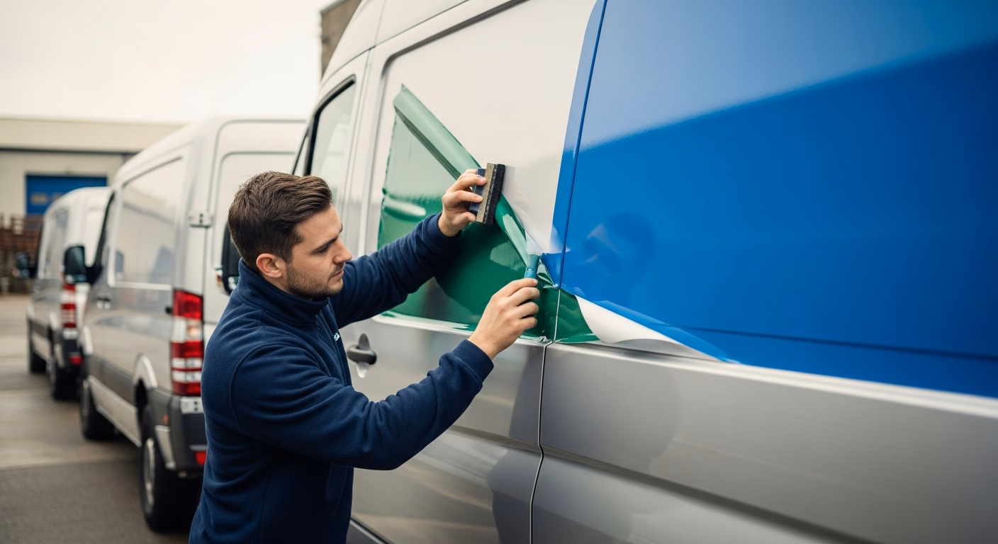 Van vehicle wraps applied to a row of commercial panel vans showing consistent fleet branding on flat side panels