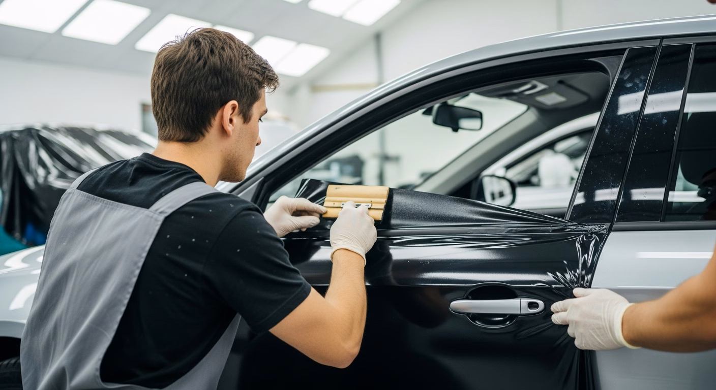 Trainee applying cast vinyl to a car door during a vehicle wrapping course in a professional workshop