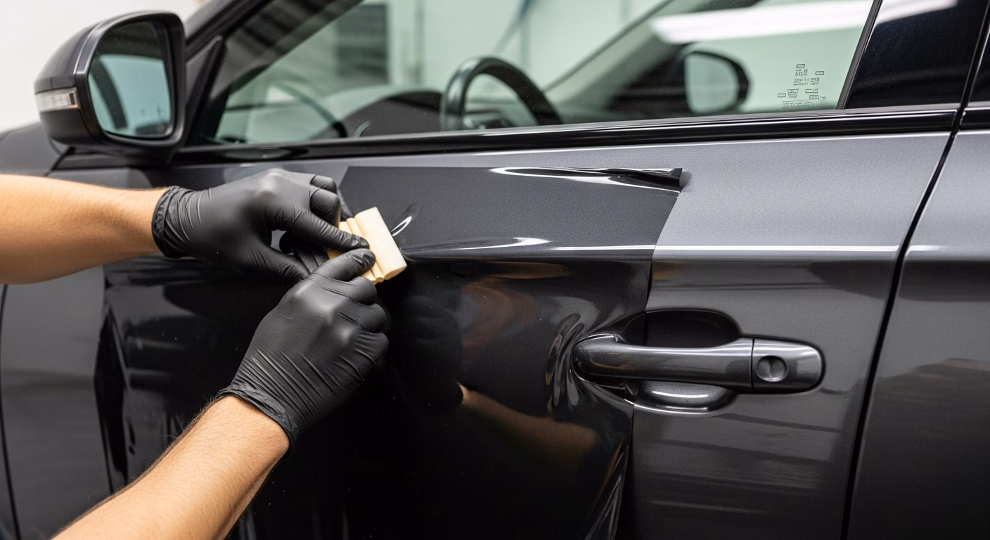 Poseur professionnel marouflant un film adhésif à la raclette pendant la pose d'un covering sur la portière d'une voiture en atelier