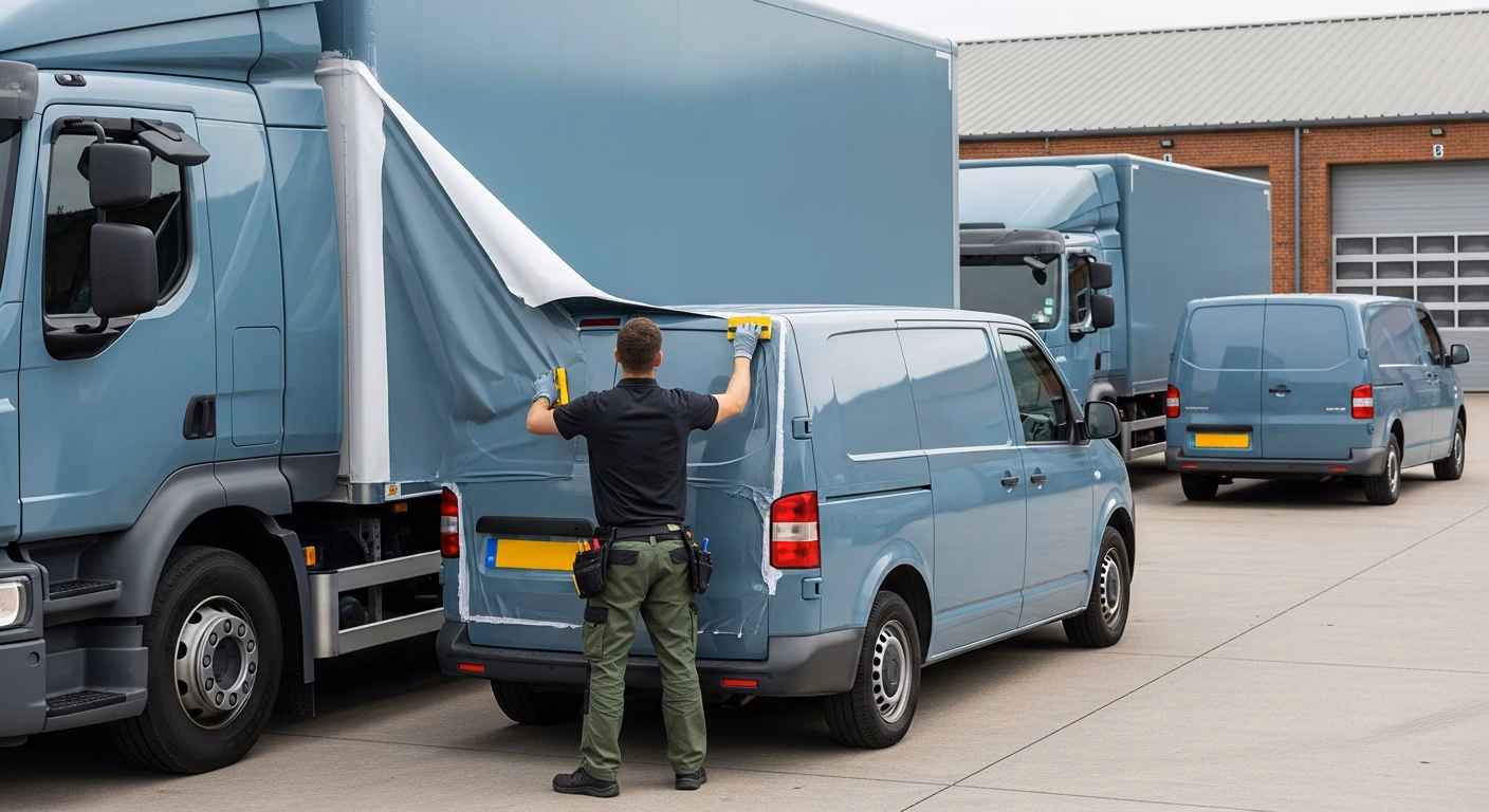 Commercial vehicle wraps being fitted on a fleet of vans and a lorry in a depot, with a fitter applying vinyl film in a uniform livery
